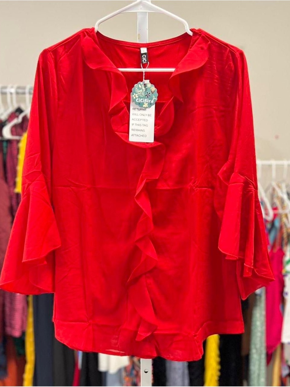 Red Ruffle-Front Blouse with Flared Sleeves